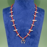 Zuni Coral Fetish Sterling Squash Blossom Necklace