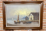 Mid Century Factory Sailboat Harbor Painting