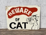 Vintage Painted Beware Of Cat Folk Art Metal Sign