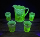 Mosser Vaseline Uranium Glass Pitcher Glasses