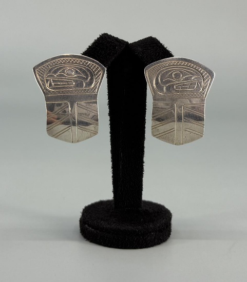 Signed Haida Sterling Silver Shield Earrings
