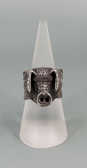 Sterling Silver Winged Hog Biker Ring
