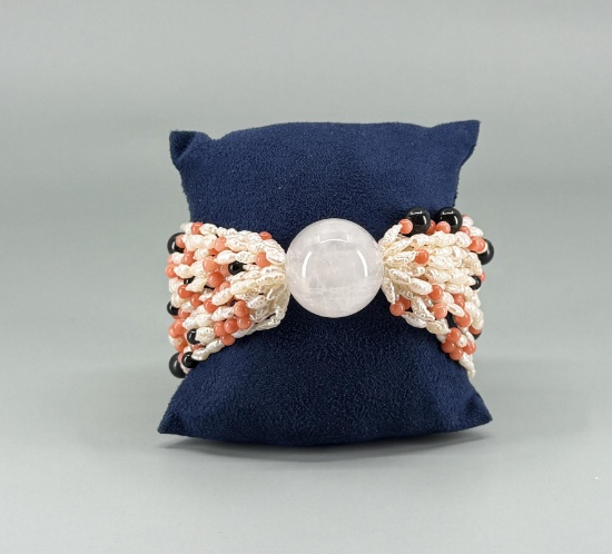 Designer Freshwater Pearl Coral Onyx Bracelet