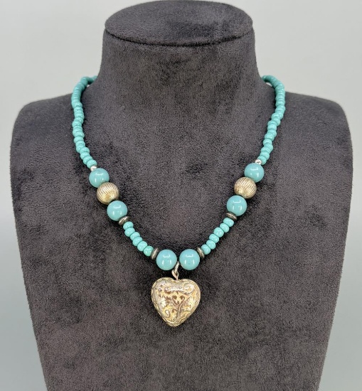 Heart Shaped Turquoise Color Beaded Necklace