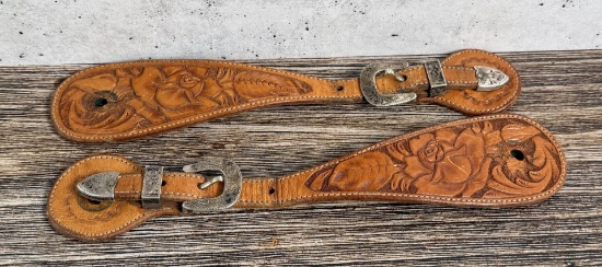 Sterling Maker Marked Tooled Buckle Spur Straps