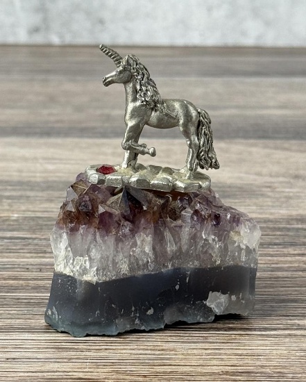 Pewter Unicorn On Amethyst Crystal