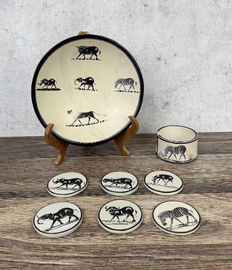 African Soapstone Bowl and Coaster Set