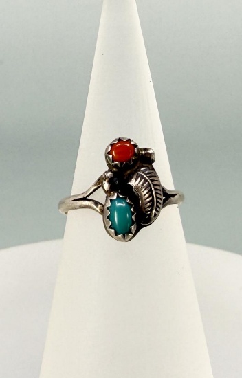 Navajo Sterling Silver Turquoise Coral Ring