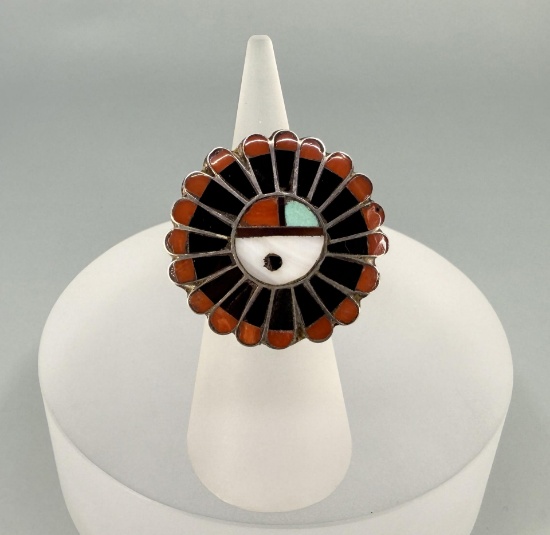 Zuni Inlaid Sun Face Sterling Silver Ring