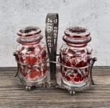 Victorian Cranberry Cut To Clear Castor Set