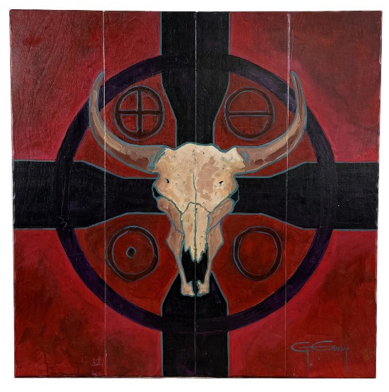 Greg Erway Buffalo Skull with Symbols Painting