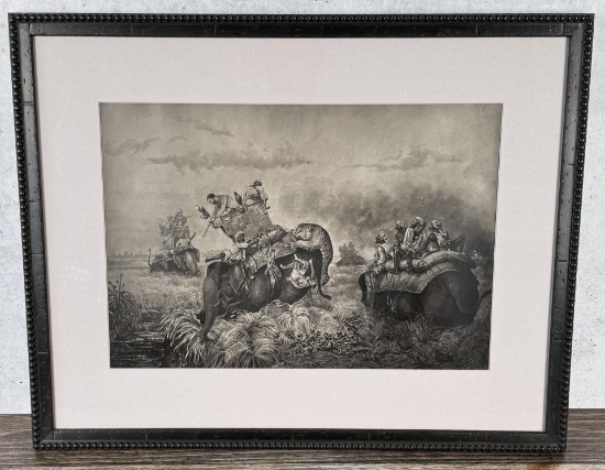Hunting Tigers on Elephants Lithograph