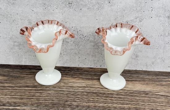 Pair of Fenton Rose Crest Milk Glass Crimped Vases