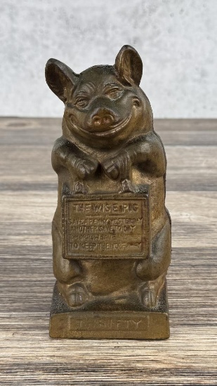 The Wise Thrifty Pig Cast Iron Still Bank