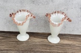 Pair of Fenton Rose Crest Milk Glass Crimped Vases
