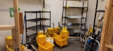 JANITORS CLOSET WITH 6 MOP BUCKETS, 3 WIRE RACKS, 3 STEPSTOOLS  , MOPS, BRO