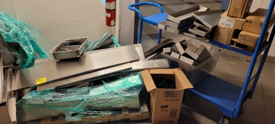 PALLET OF MISC STAINLESS TRAYS AND SERVICE CASE PARTS