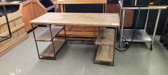 WOOD DESK OR MERCHANDISER WITH RUSTIC METAL FRAME 60"W X 28"D X 30"H