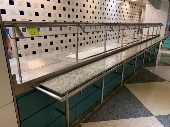 22'5" CAFETERIA COUNTER WITH 5 HOT WELLS, AND WARMING CABINET