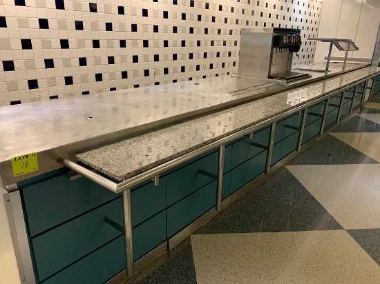 22' 9" CAFETERIA COUNTER FOR BEVERAGES , CONTAINS DRAINS ON TOP AND BEVERAG