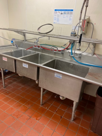 SS Three Compartment Sink w/Drainboards & Drying Rack 9.5’L  36”D 3’ H