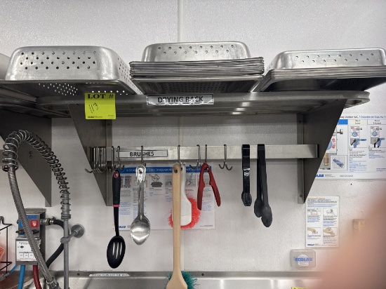 Stainless steel wall mounted drying shelf w/utensils & pans - 41”x 15"
