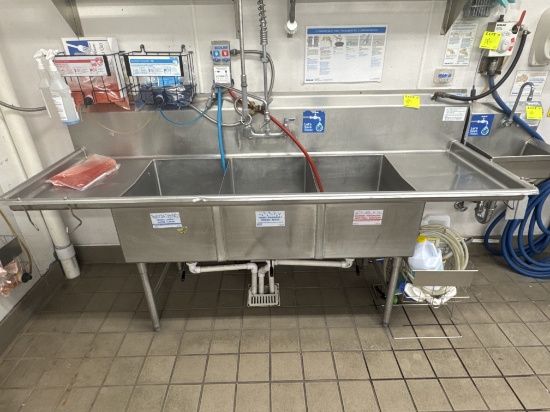 Stainless steel 3 compartment sink - lw/ eco lab chemical unit - 89” x 30”