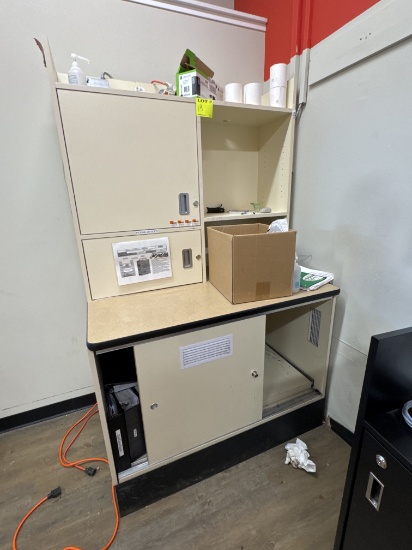 Wood workstation w/ cabinets and electric outlets no key - 4’ x 31” x 78.5”