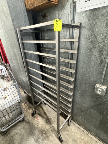 Stainless steel food tray rack on casters - 13” W for trays, bottom missing