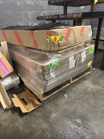 Lot of 7 metal racks -18” x 72” and plastic rack on casters - new in box -