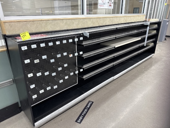 Gondola wall run -4’ & 3’ sections - 4’ H - 17” base shelves - 16” shelving