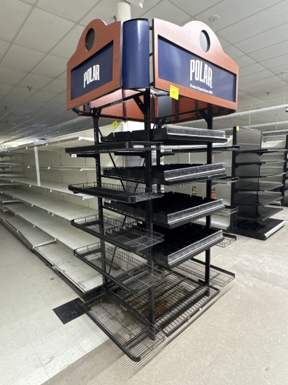 3 way wire shelf / pushers end cap. 62" x 38" x 101"