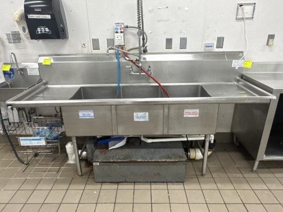 Stainless steel 3 compartment sink - 89” x 29”, includes overspray