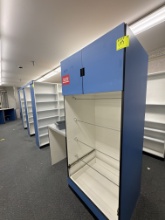 Pharmacy shelving lot - 4 island pieces - 5 wall pieces - cabinet/drawer w/