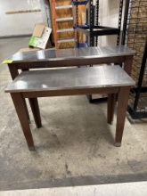 Wood display table w/ stainless steel top - 4’ x 16” - lot of 2
