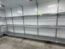 Wall mounted shelving beams x8 w/ 21 shelves @ 3’ x 18”