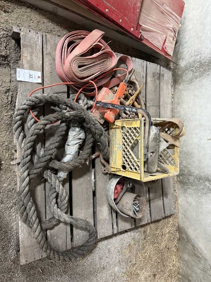 Pallet of toe ropes/straps, log chains & binders