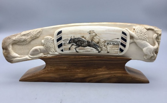 Scrimshaw and Carved Fossilized Ivory Artwork Statue