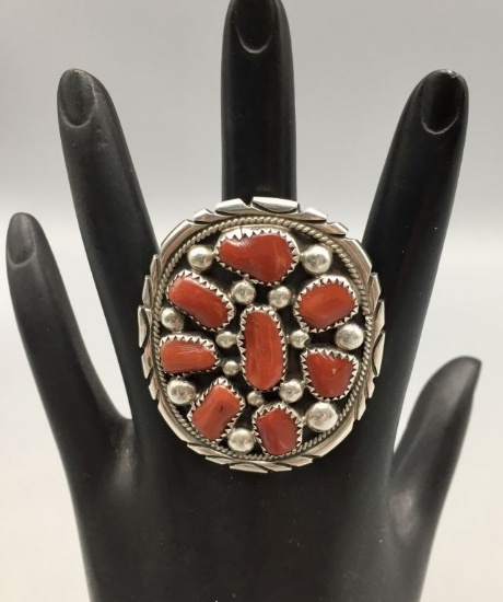 Vintage Sterling Silver and Coral Cluster Ring