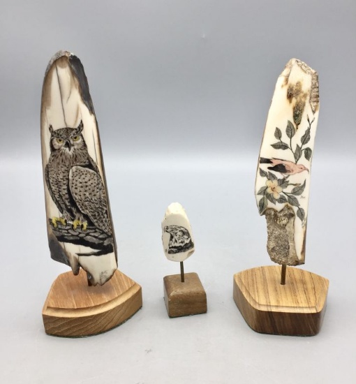 Three Scrimshaw Fossilized Ivory Pieces