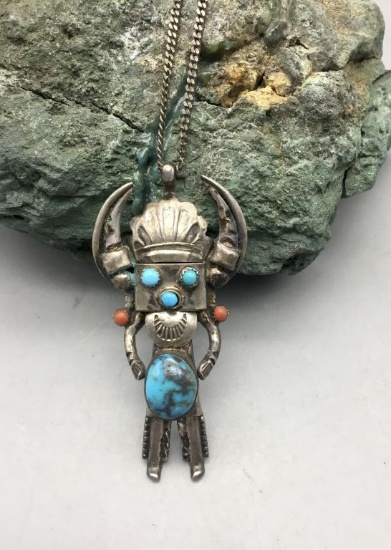 Unique Kachina Themed Necklace with Nice Turquoise