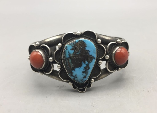 Hefty Vintage Turquoise and Coral Bracelet