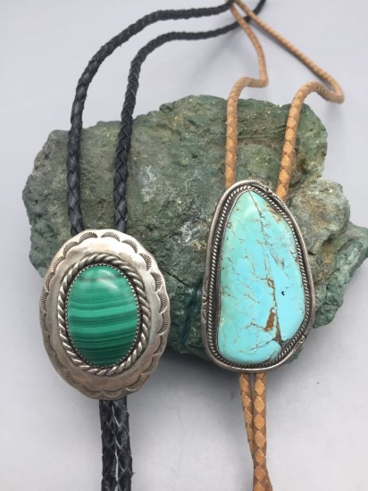 Two Vintage Bolos - One Turquoise and One Malachite