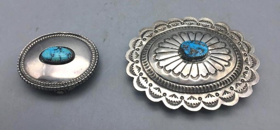 Two Sterling Silver and Turquoise Buckles