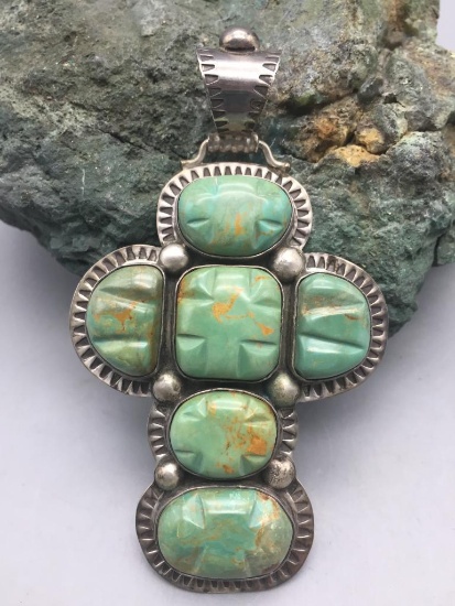 *SOLD* Carved Turquoise Cross Pendant- Silver Creations
