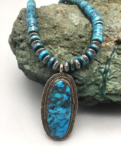 High-grade Turquoise Pendant on a Disk Bead Necklace