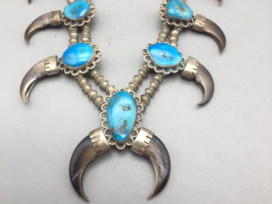 Vintage Bear Claw Squash Blossom Style Necklace