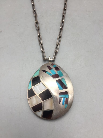 Sterling Silver Inlay Necklace with Handmade Chain