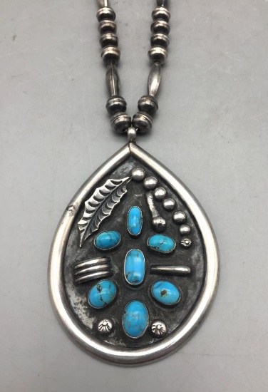 Vintage Silver Bead and Turquoise Necklace