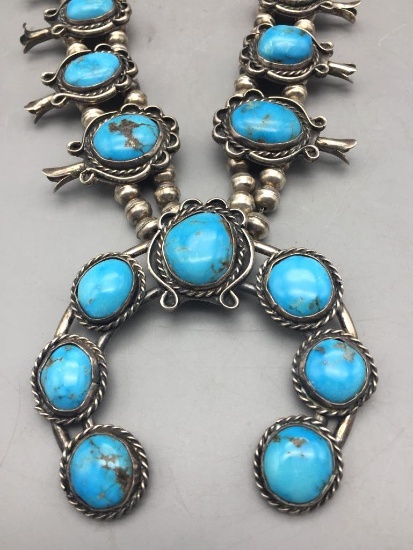 Vintage Sterling Silver and Turquoise Squash Blossom Necklace